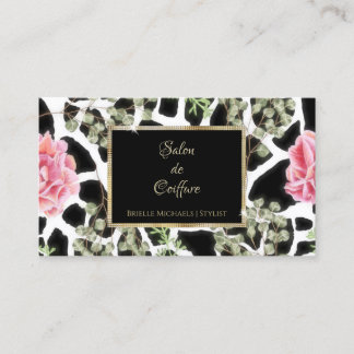 Elegant Giraffe Print Pink Roses Gold Frame Salon Business Card