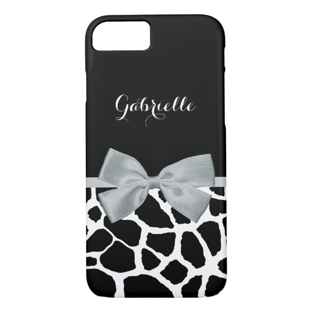 Elegant Giraffe Print With Name and Cute Grey Bow Case-Mate iPhone Case (Back)