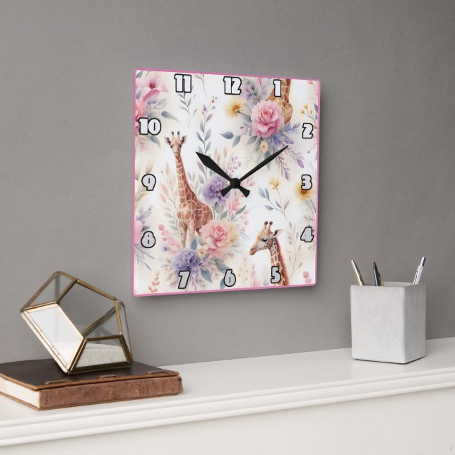 Elegant giraffes amidst vibrant flowers in Africa Square Wall Clock (Office)