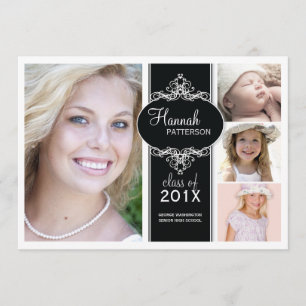Elegant Girl 4 Photo Black & White Graduation Invitation