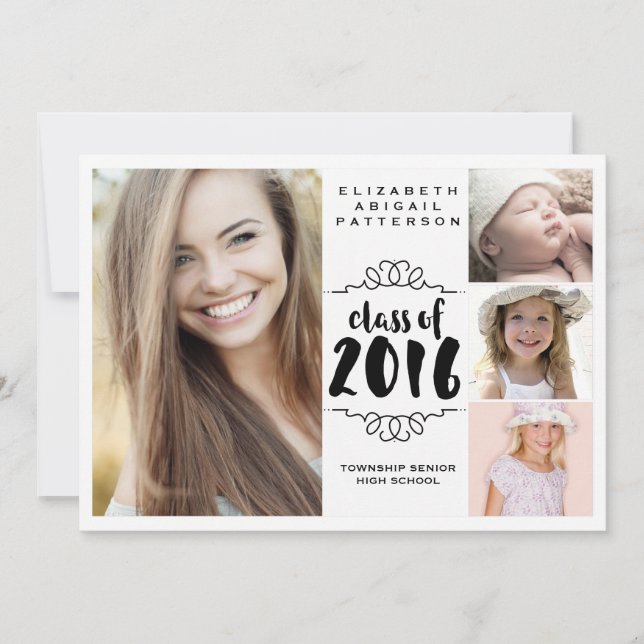 Elegant Girl 4 Photo Black & White Graduation Invitation (Front)