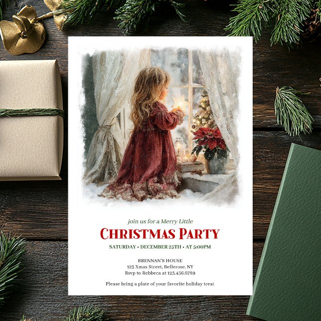 Elegant girl awaits Santa editable holiday invite (Elegant girl awaits Santa editable holiday invitation)