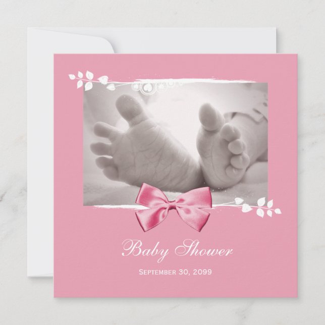 Elegant Girl Baby Shower Baby Feet With Pink Bow Invitation (Front)