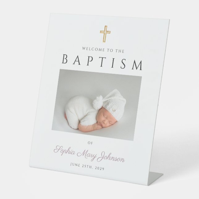 Elegant Girl Baptism Mauve Photo Welcome  Pedestal Sign (Front)