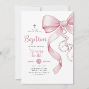 Elegant Girl Baptism Pink Bow Pearl Necklace Cross Invitation