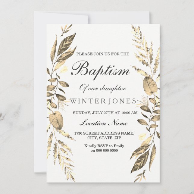 Elegant Girl Boy Golden Leaf Baptism Invite (Front)