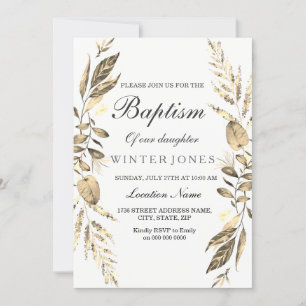 Elegant Girl Boy Golden Leaf Baptism Invite