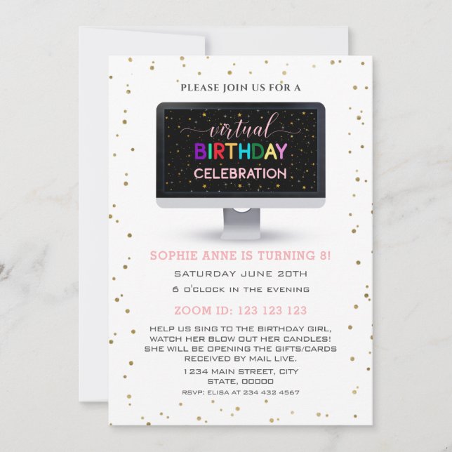 Elegant Girl Colourful Virtual Birthday Party Invitation (Front)