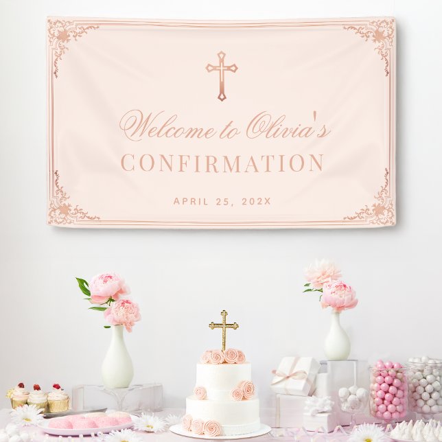 Elegant Girl Confirmation Pink Rose Gold Cross Banner (Creator Uploaded)