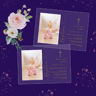 Elegant Girl Photo Gold Calligraphy Baptism Acrylic Invitations