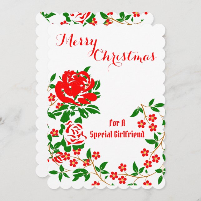 Elegant Girlfriend Merry Christmas Red Rose Floral Holiday Card (Front/Back)