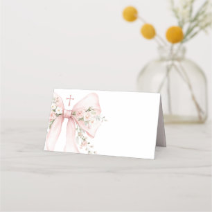 Elegant Girl's Christian Baptism Pink Floral Bow Place Card