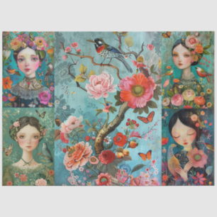 Elegant Girls Colorful Floral Decoupage Collage Tissue Paper