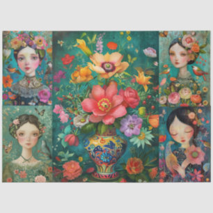 Elegant Girls Colorful Floral Decoupage Collage Tissue Paper