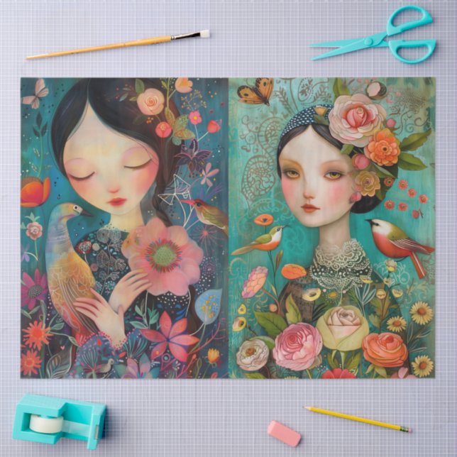 Elegant Girls Colourful Floral Decoupage Collage Tissue Paper (Craft)