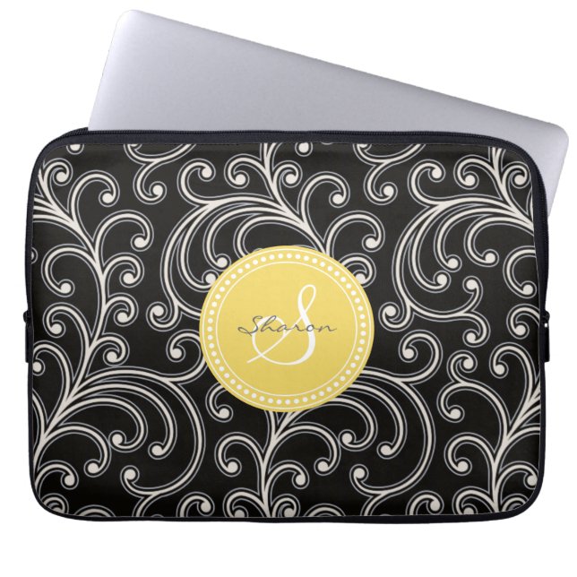 Elegant girly black floral pattern monogram laptop sleeve (Front)