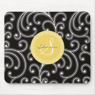 Elegant girly black floral pattern monogram mouse pad
