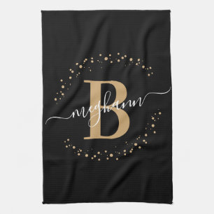 Elegant Girly Black Gold Monogram Name Script Tea Towel