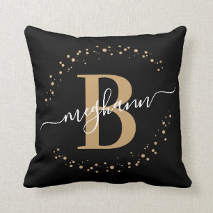 Elegant, Girly Black Gold Name Monogram Script Cushion