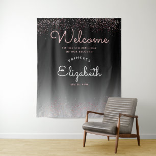Elegant Girly Black Gradient Pastel Pink Script Tapestry