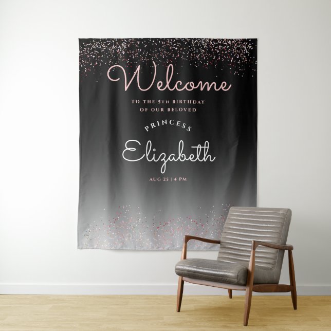 Elegant Girly Black Gradient Pastel Pink Script Tapestry (In Situ)