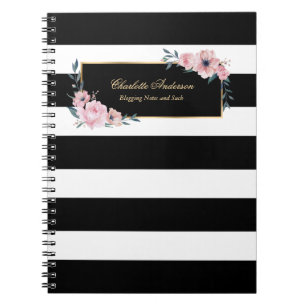 Elegant Girly Black White Stripes Pink Floral Notebook