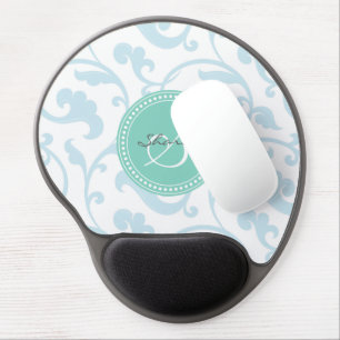 Elegant girly blue floral pattern monogram gel mouse pad