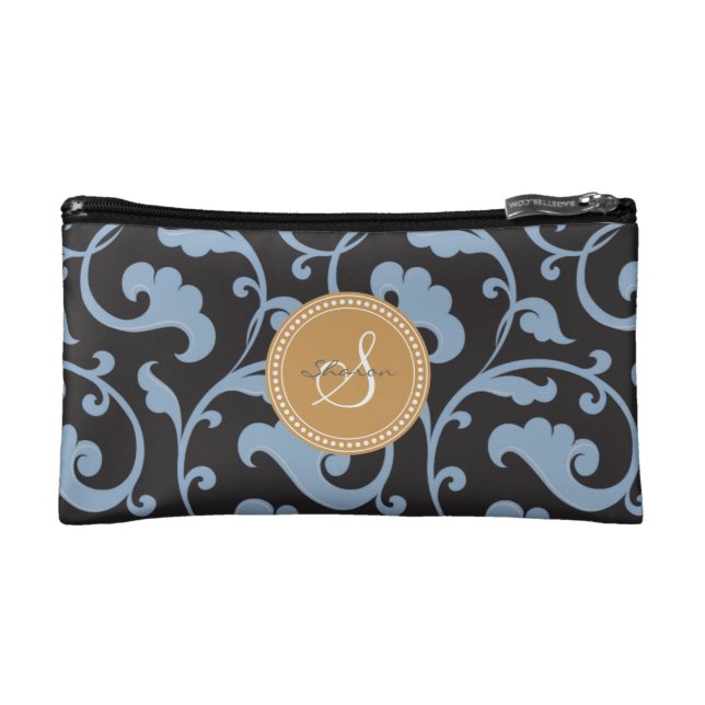 Elegant girly blue floral pattern monogram makeup bag (Front)