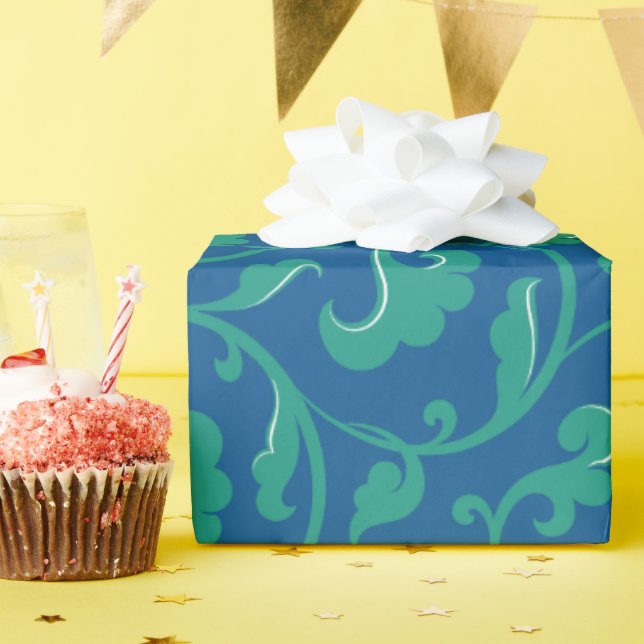 Elegant girly blue green floral pattern monogram wrapping paper (Birthday Party)