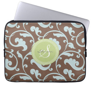 Elegant girly brown blue floral pattern monogram laptop sleeve
