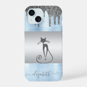 Elegant Girly,Cat Glitter Drips Blue Metallic iPhone 15 Case