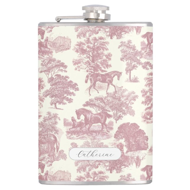 Elegant Girly Chic Pink Horse Toile Name Hip Flask (Front)
