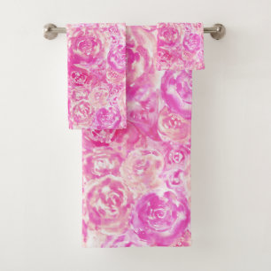 Elegant Girly Chic Pink Watercolor Roses Bath Towel Set