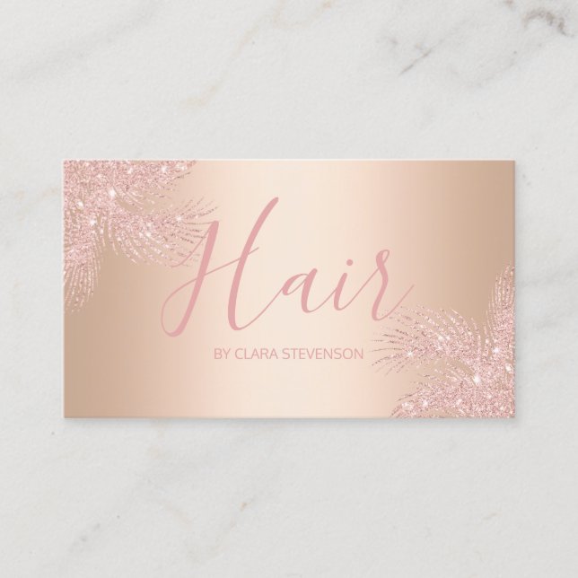 Elegant girly copper rose gold glitter palm hair business card (Front)