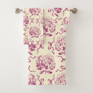Elegant Girly Cream Pink Hydrangea Bow Toile Bath Towel Set