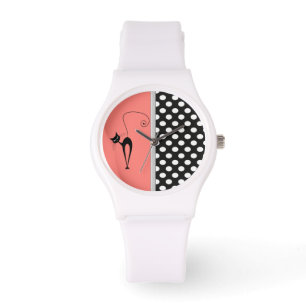 Elegant girly cute black whimsical cat polka dots watch
