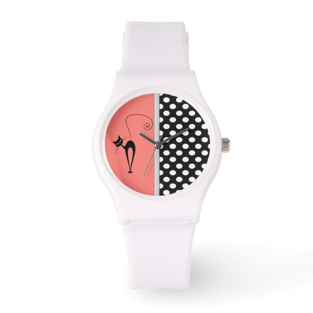 Elegant girly cute black whimsical cat polka dots watch (Front)