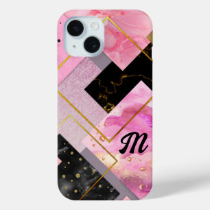 Elegant girly faux Glitter pink black geometric iPhone 15 Case
