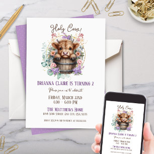 Elegant Girly Floral Highland Cow Birthday Party Invitation