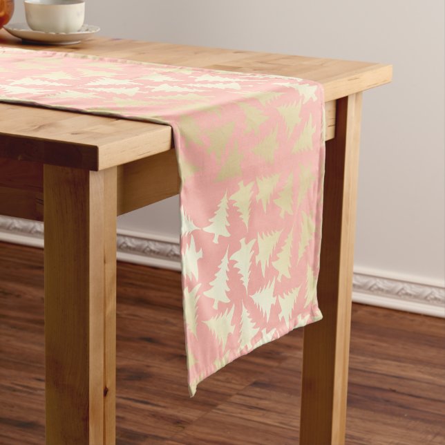 Elegant Girly Gold & Pink Christmas Tree Pattern Short Table Runner (In Situ)