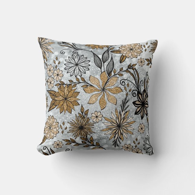 Elegant Girly Gold & Silver Glitter Floral Design Cushion (Front)