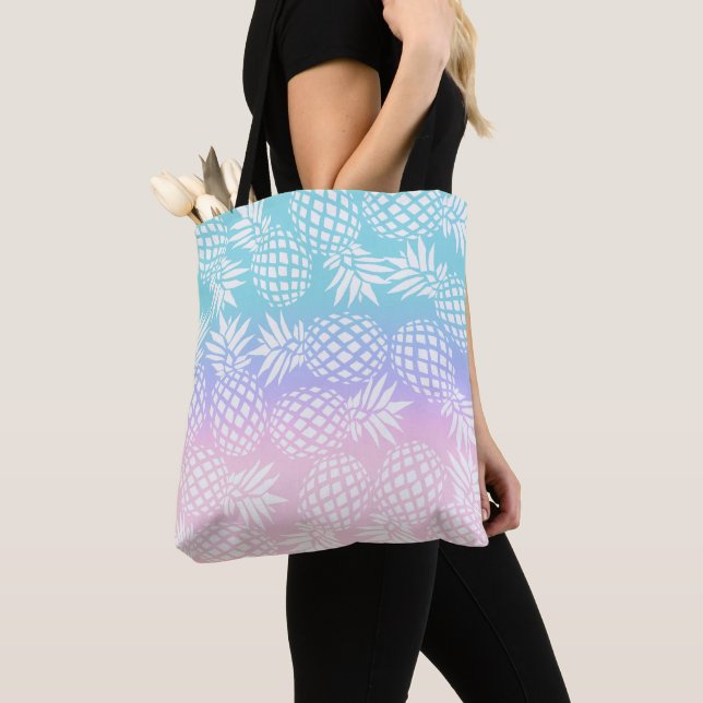 Elegant Girly Gradient Pineapple Pattern Colourful Tote Bag (Close Up)
