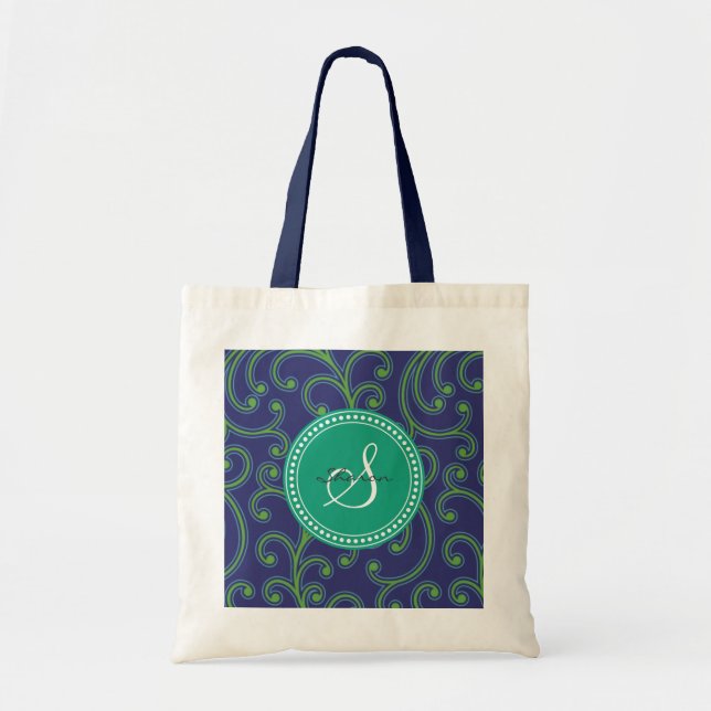 Elegant girly green blue floral pattern monogram tote bag (Front)