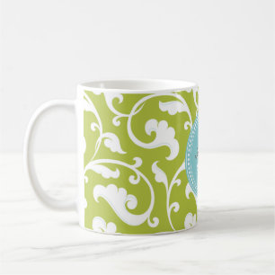Elegant girly green floral pattern monogram coffee mug