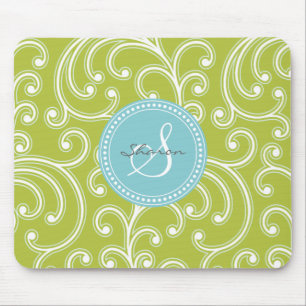 Elegant girly green floral pattern monogram mouse pad