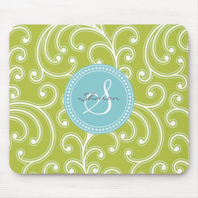 Elegant girly green floral pattern monogram mouse pad (Front)