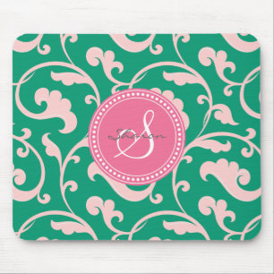 Elegant girly green pink floral pattern monogram mouse pad