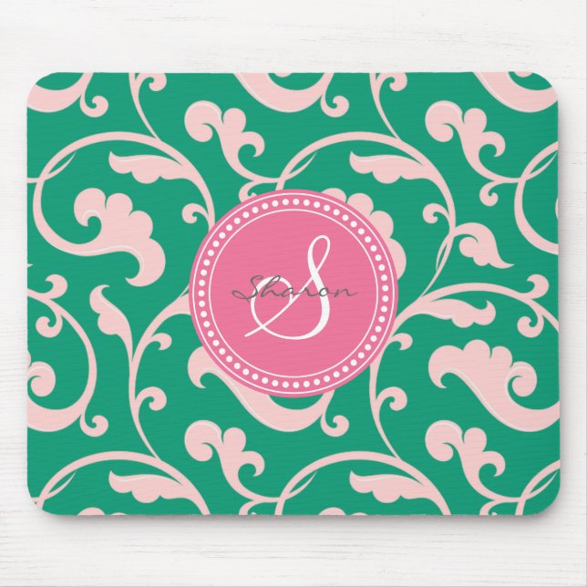 Elegant girly green pink floral pattern monogram mouse pad (Front)
