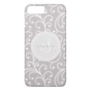 Elegant girly grey white floral pattern monogram iPhone 8 plus/7 plus case
