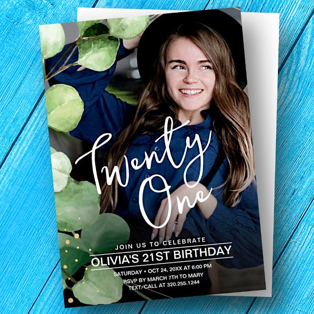 Elegant girly modern greenery 21st birthday photo invitation (Creator Uploaded)